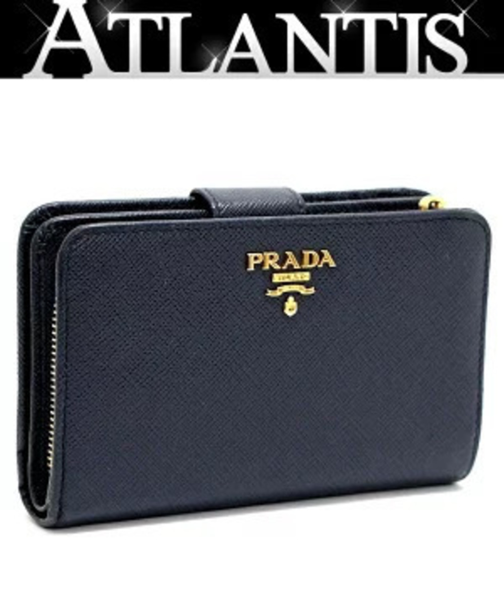 Prada L shaped zipper bi fold compact wallet Saffiano leather Navy Blue